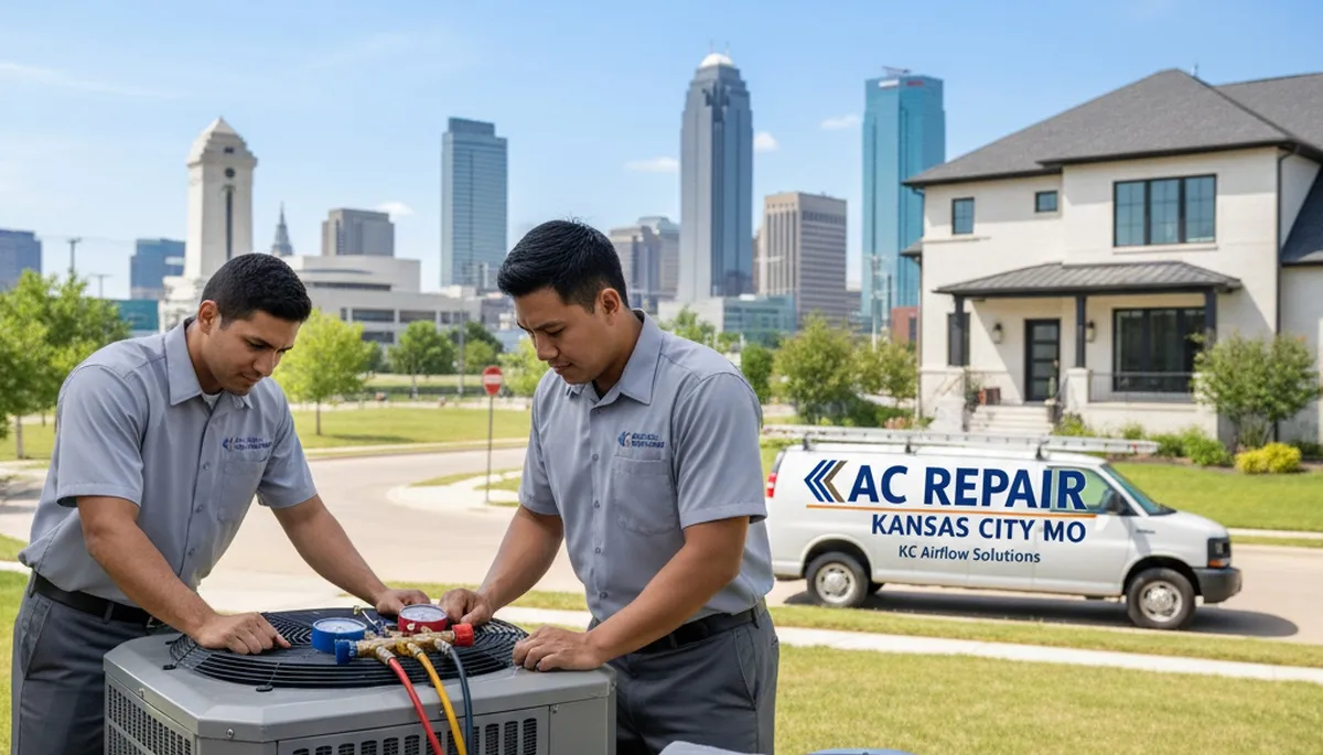 Professional AC repair technician servicing residential unit in Kansas City MO